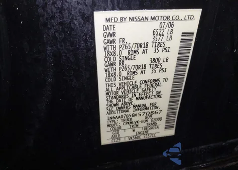 2006 Nissan Titan Le z USA, uszkodzony, nr VIN 1N6AA07B56N570867